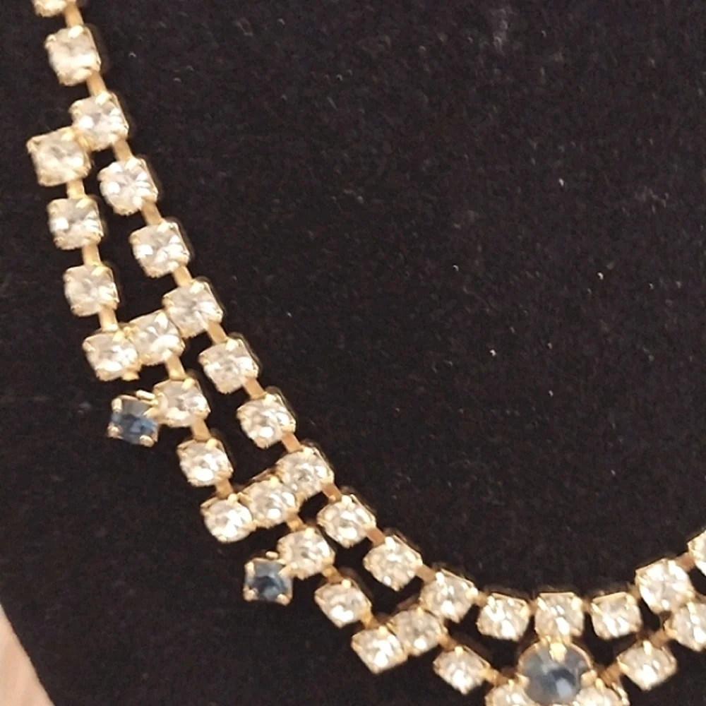 VINTAGE DARK BLUE CLEAR RHINESTONE CHOKER COLLAR BIB 15-18" NECKLACE - Picture 4 of 11